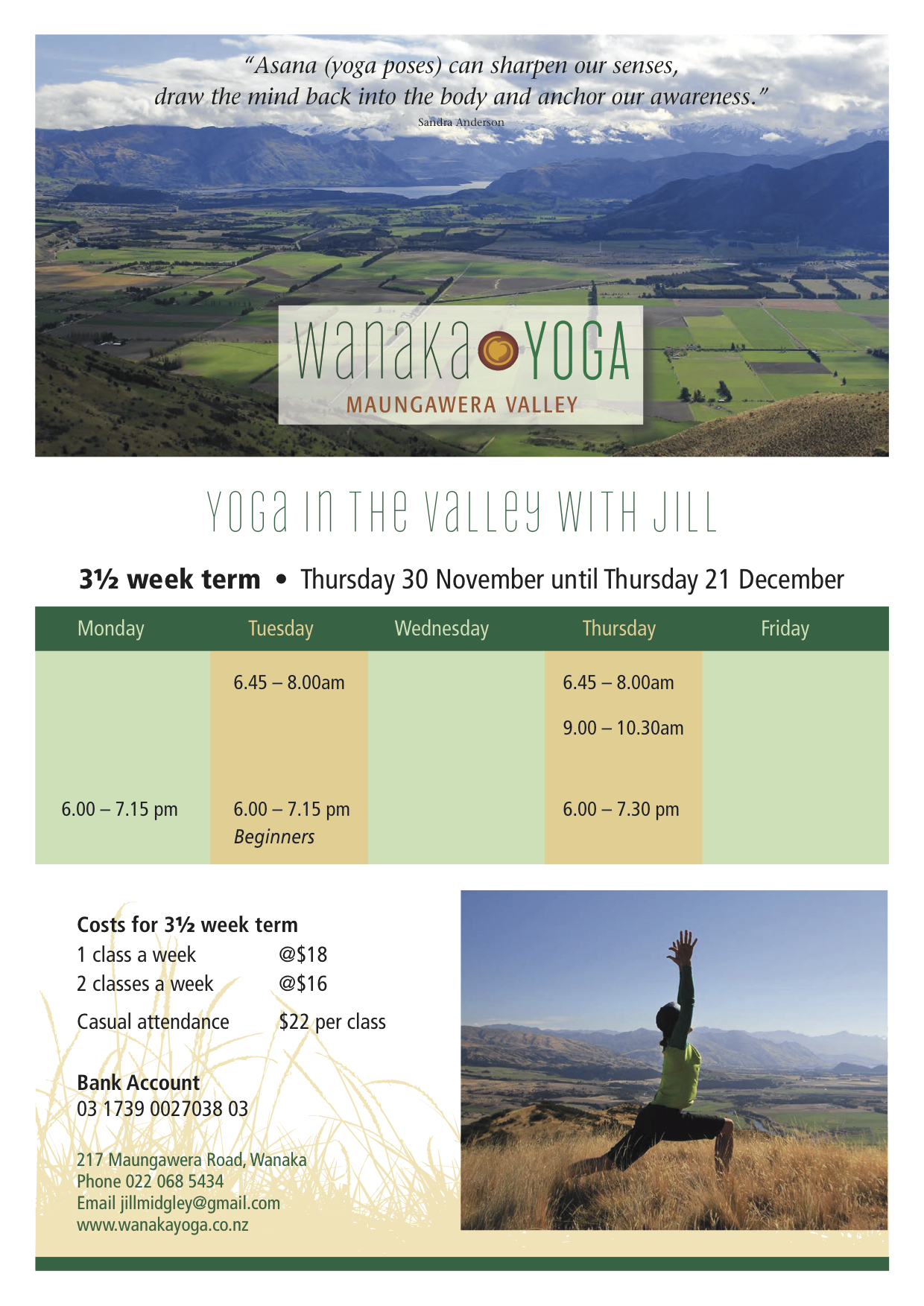 Wanaka Yoga timetable Nov